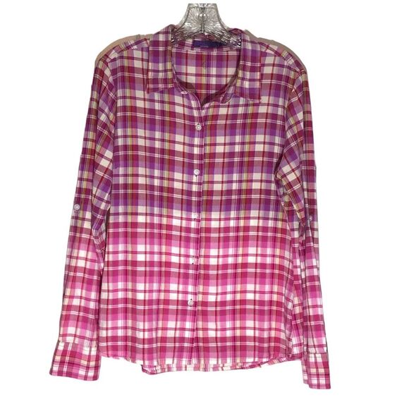 PrAna Britt Ombre Button Front Shirt Pink Orange Plaid Size LARGE - Picture 1 of 8